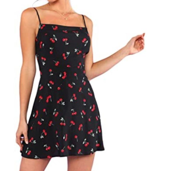 Women Summer Floral Cherry Print Short Cami Dress - Picture 1 of 8